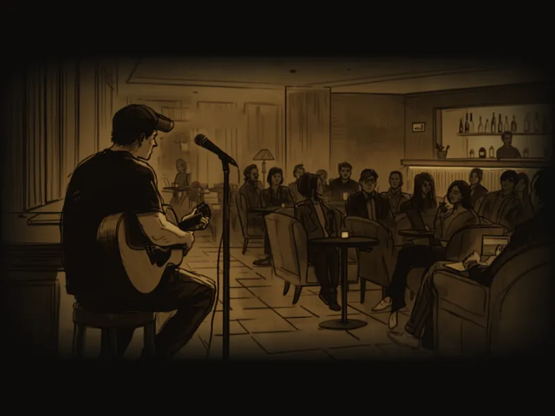 Solo mit Akustikgitarre in einer Hotellounge, Illustration